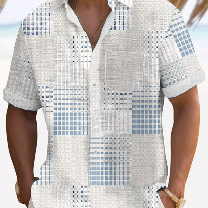 Alohadaddy Vintage Geometric Texture Print Chest Pocket Men's High Shirt Big Tall