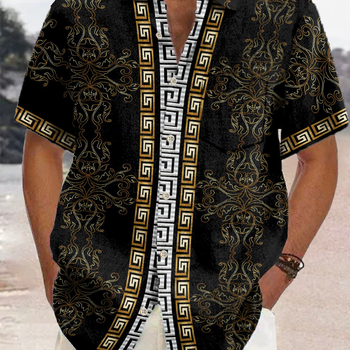 Alohadaddy Vintage Men's Hawaiian Shirt Baroque Palace Ethnic Floral Print Stretch Pocket Camping Shirt Big Tall