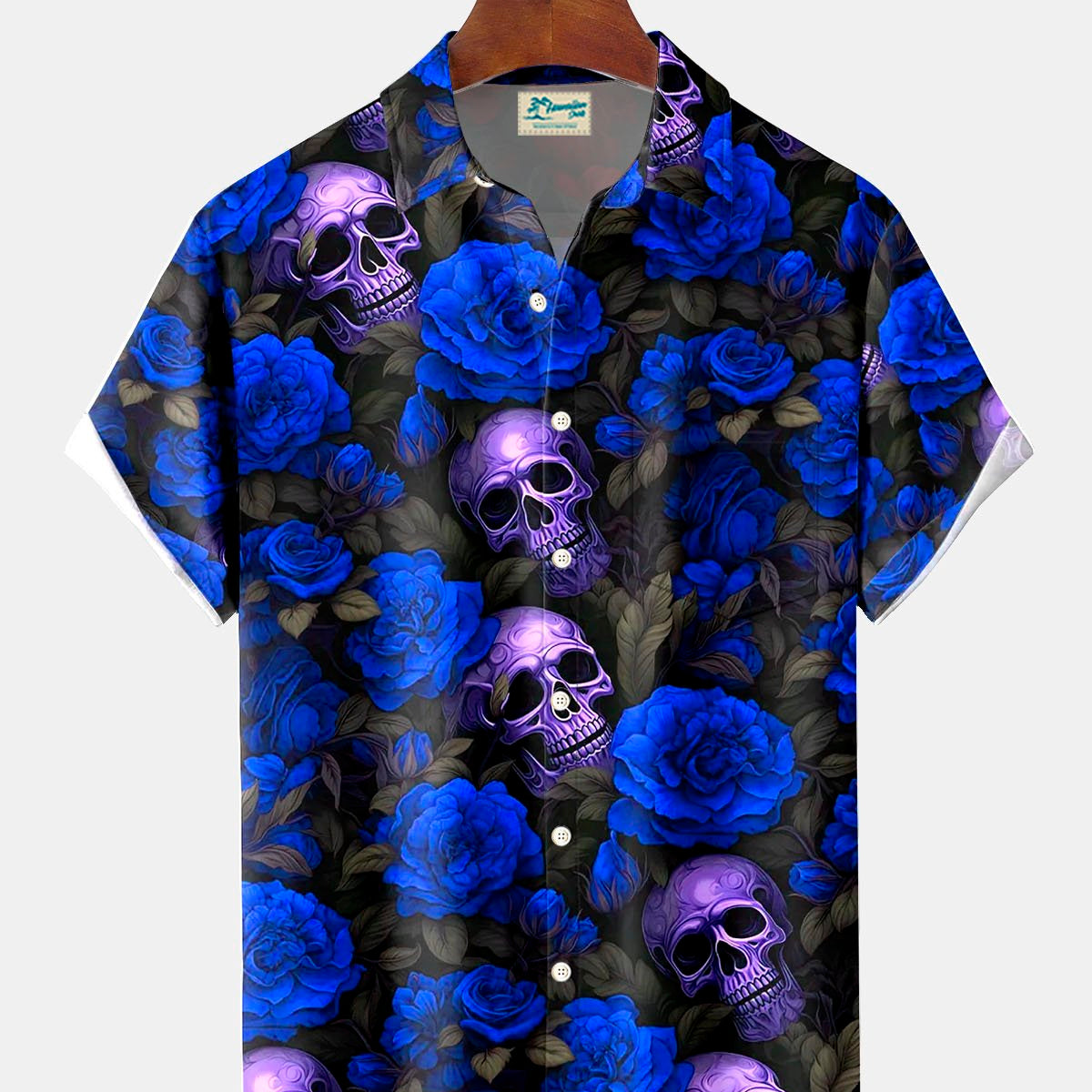 Alohadaddy Retro Skull Flower 3D Digital Print Men's Button Pocket Short Sleeve Shirt Big & Tall