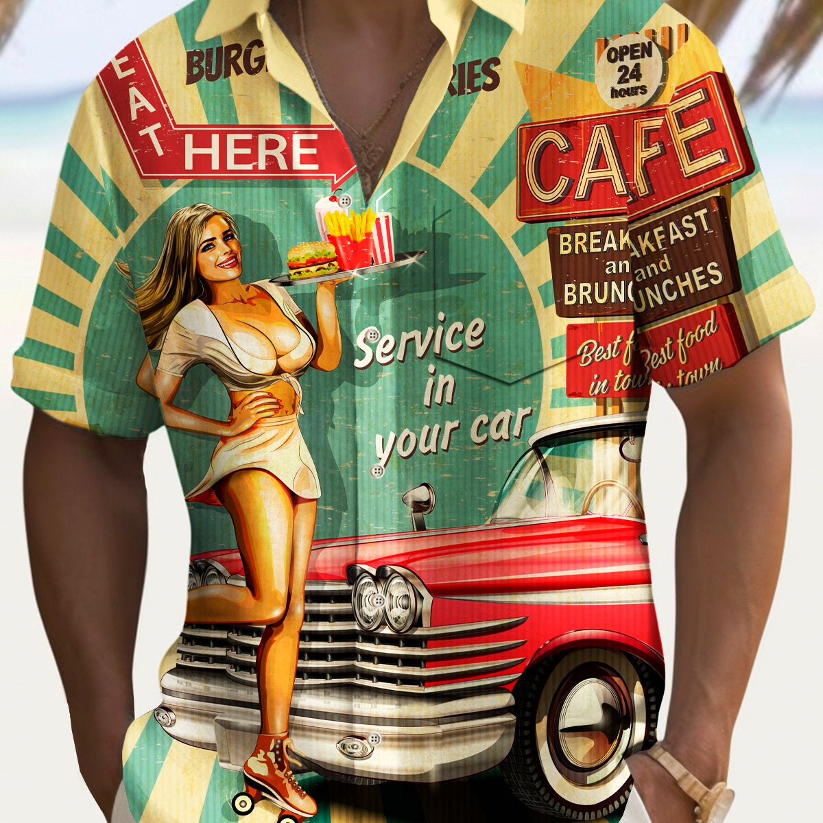 Alohadaddy Vintage Car Girl Poster Print Men's Chest Pocket Stretch Shirt Big Tall