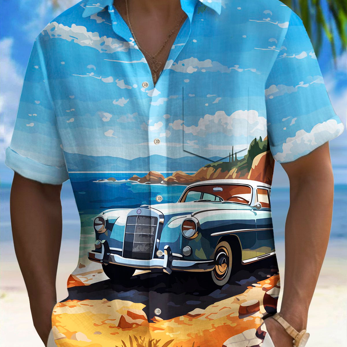 Alohadaddy Vintage Seaside Car Print Men's Chest Pocket Stretch Shirt Big Tall
