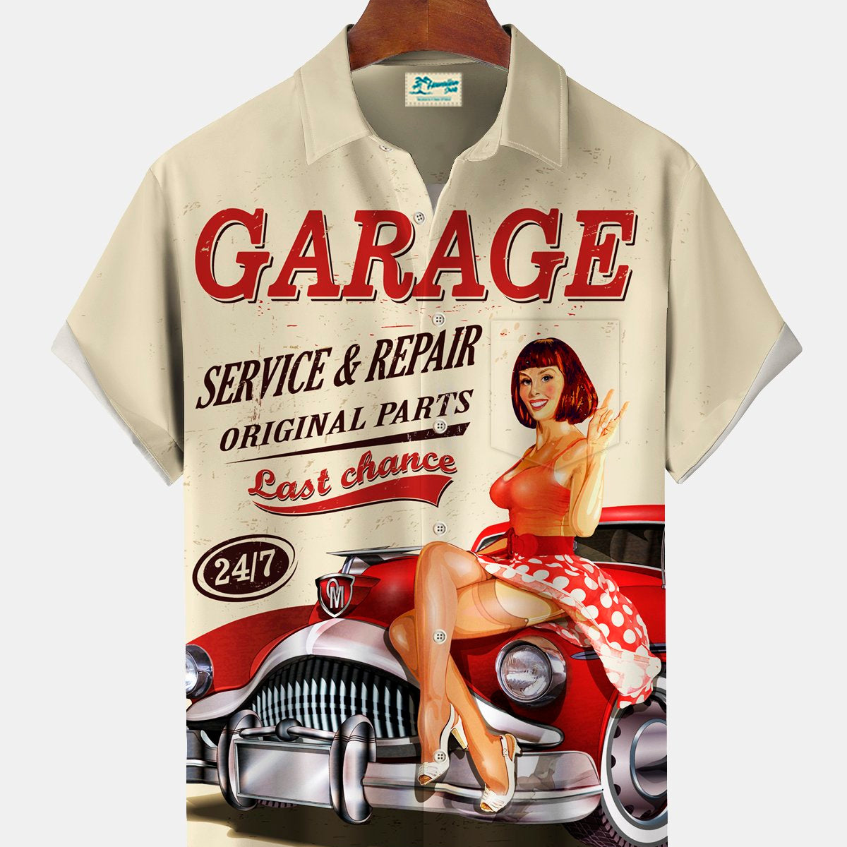 Alohadaddy Vintage Car Girl Poster Print Men's Chest Pocket Stretch Shirt Big Tall