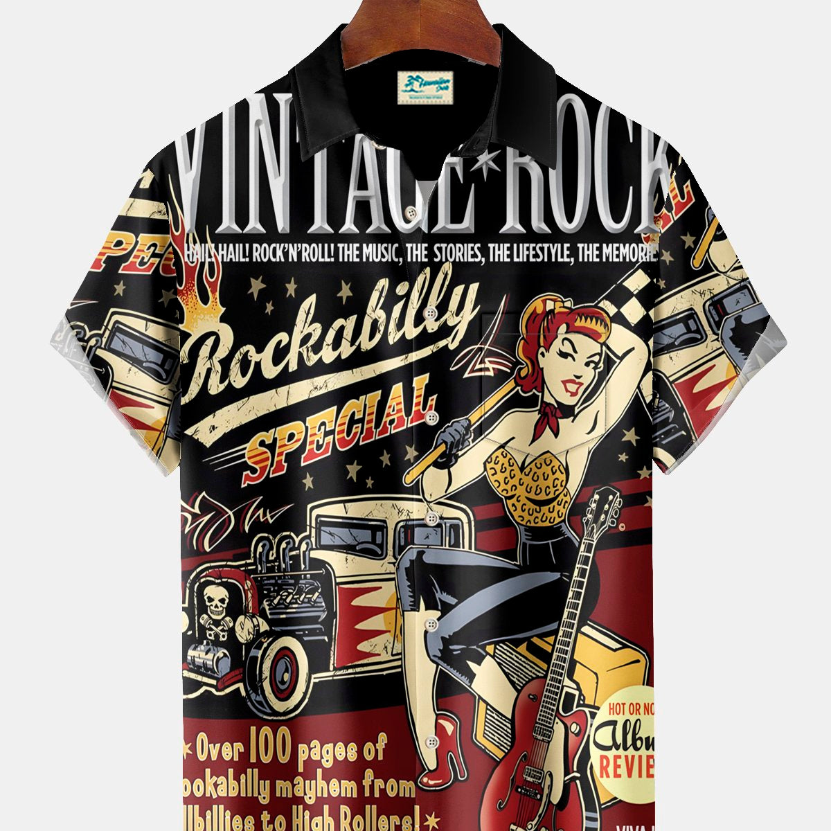 Alohadaddy Vintage Rock Print Men's Chest Pocket Stretch Shirt Big Tall