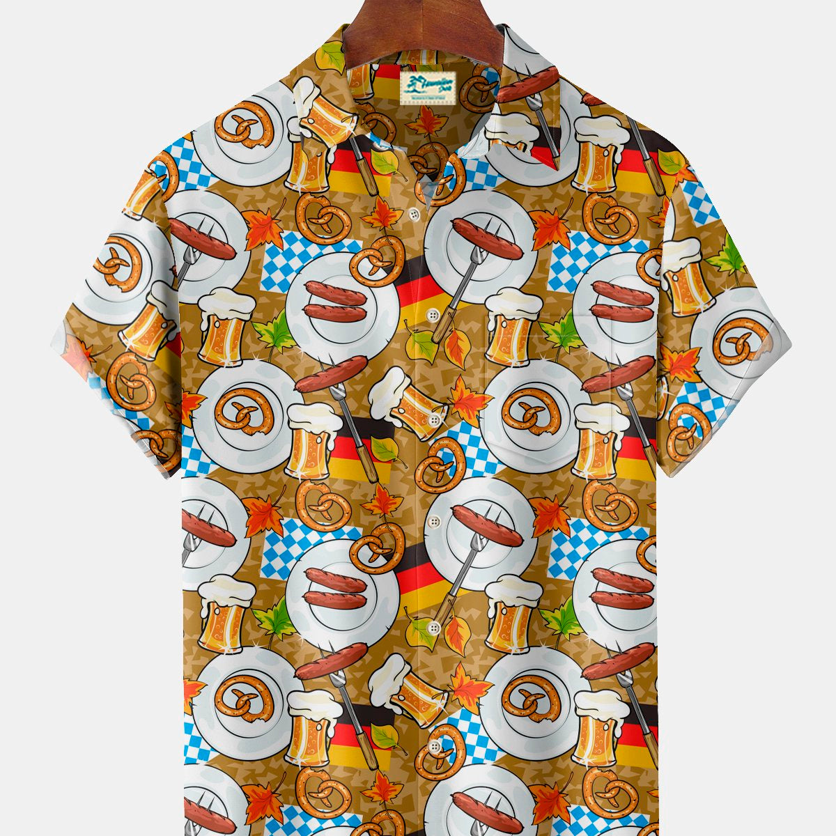 Alohadaddy Oktoberfest Beer Ham Print Men's Chest Pocket Stretch Shirt Big Tall