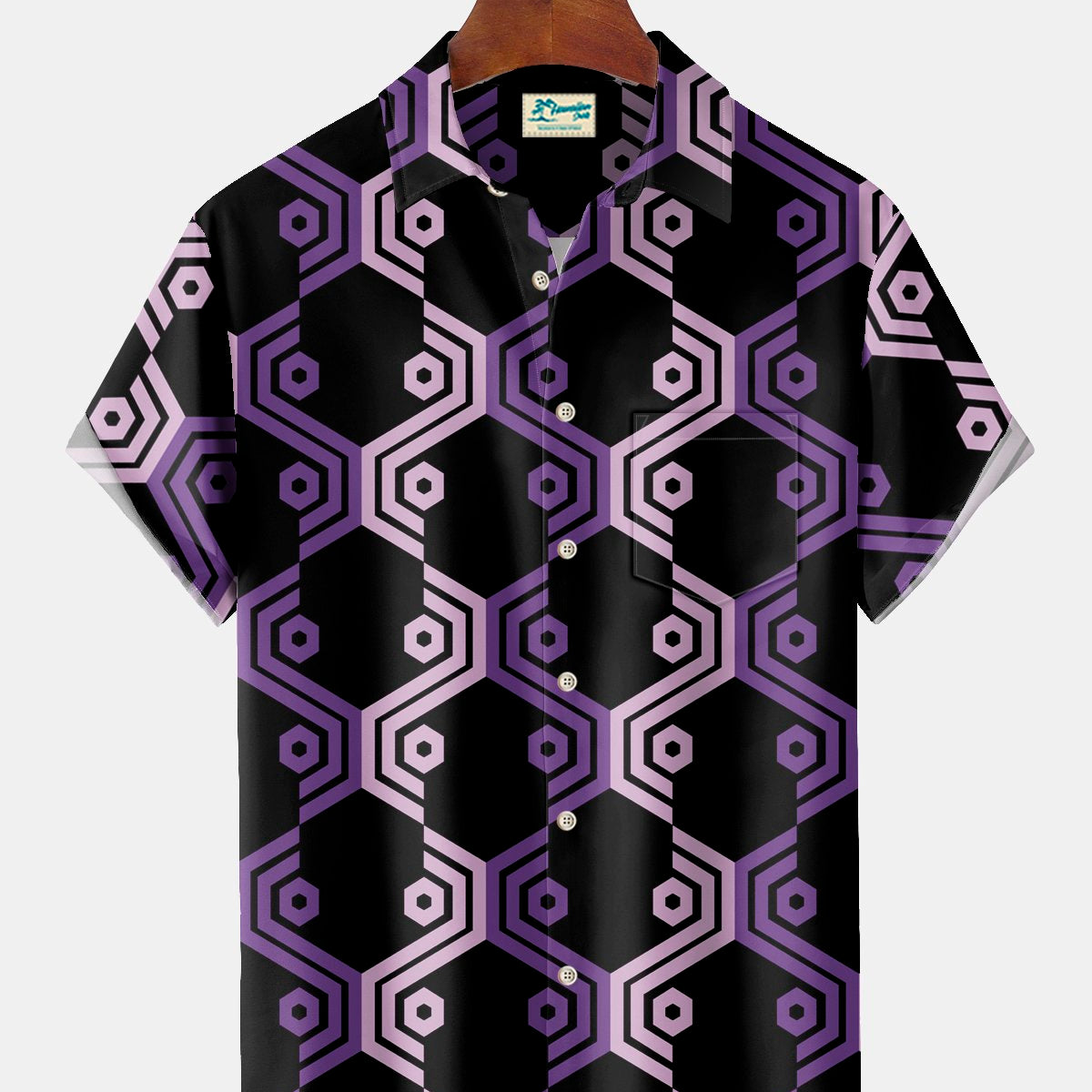 Alohadaddy Vintage Geometric Print Men's Chest Pocket Stretch Hawaiian Shirt