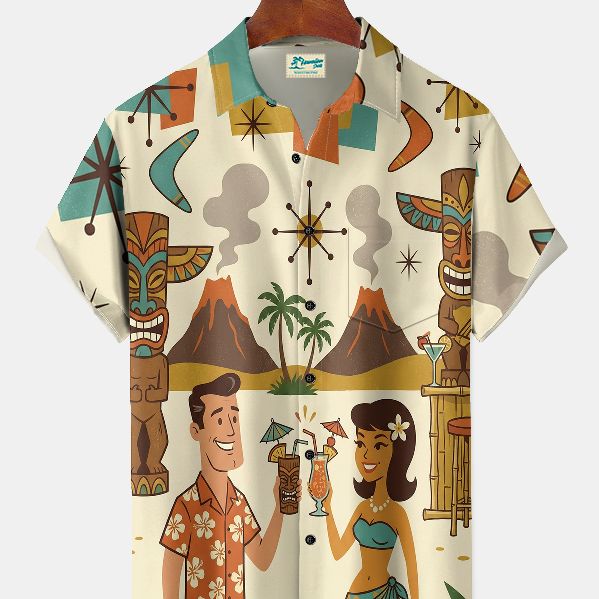 Alohadaddy® Men's Vintage Cocktail Hawaii Retro Atom Print Retro Short Sleeve Shirt Big & Tall