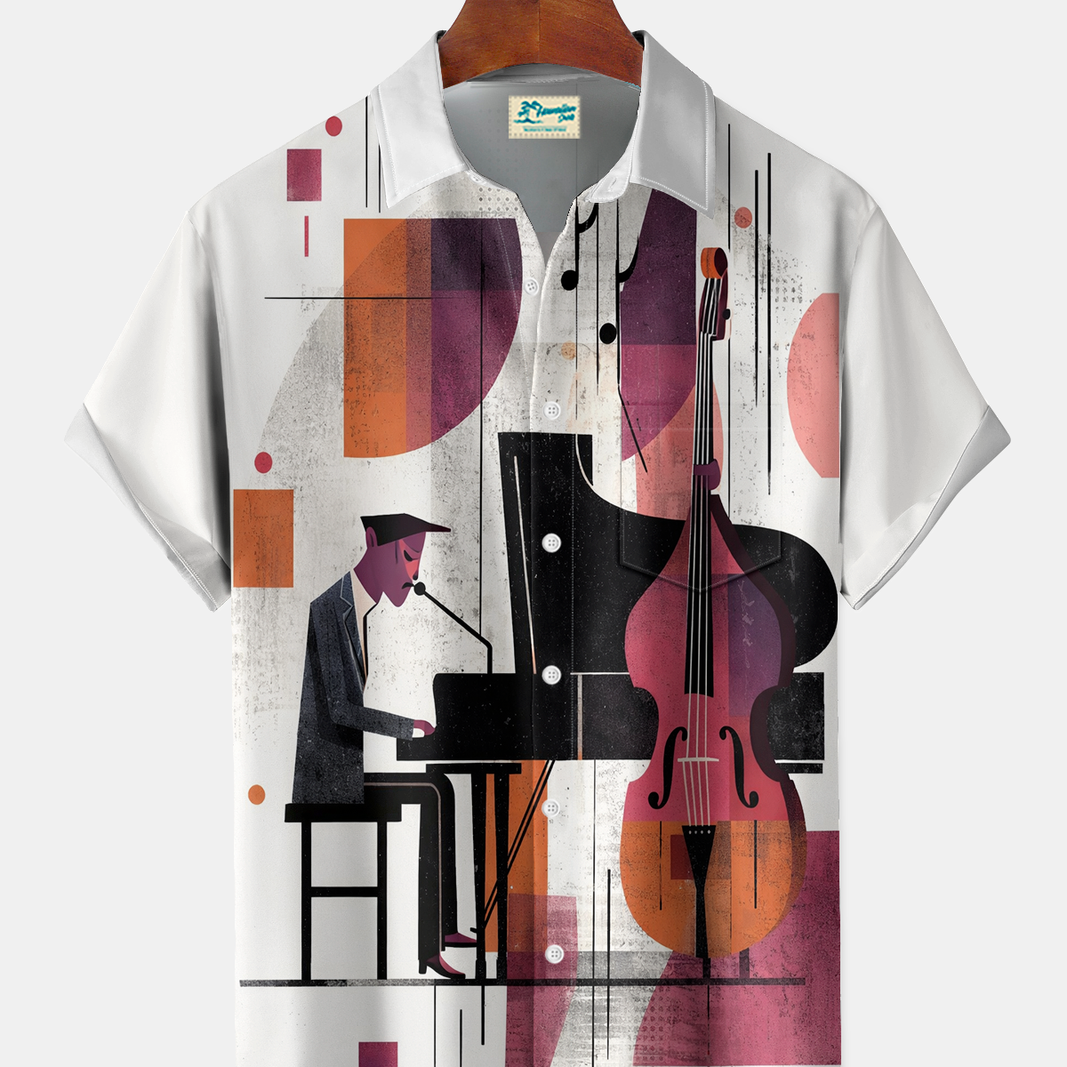Alohadaddy® Men's Vintage Music Jazz Geometric Art 50S Print Retro Short Sleeve Shirt Big & Tall