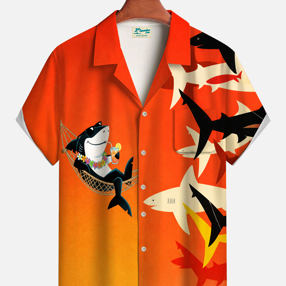 Alohadaddy® Men's Vintage Sunset Shark Cocktail Gradient Art Forgiving Fit Camp Collar Print Retro Short-Sleeve Shirt Big & Tall