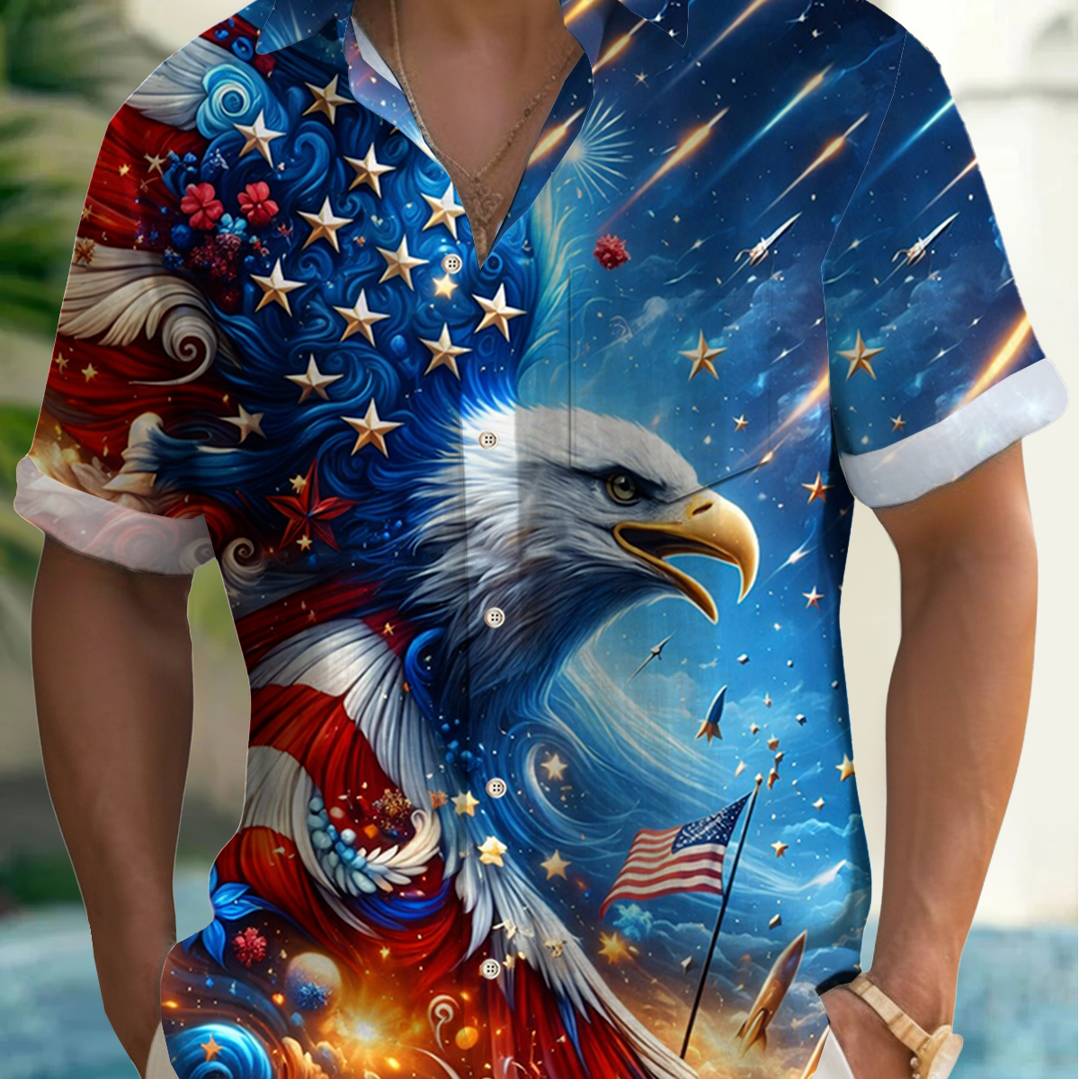 Alohadaddy® Men's Holiday Star Flag Flying Eagle Print Retro Short-Sleeve Shirt Big & Tall