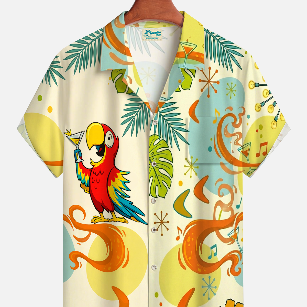 Alohadaddy® Men's Tropic Medieval Geometric Atoms Cocktail Parrot Hibiscus Flowers Gradient Art Forgiving Fit Camp Collar Print Retro Short-Sleeve Shirt Big & Tall