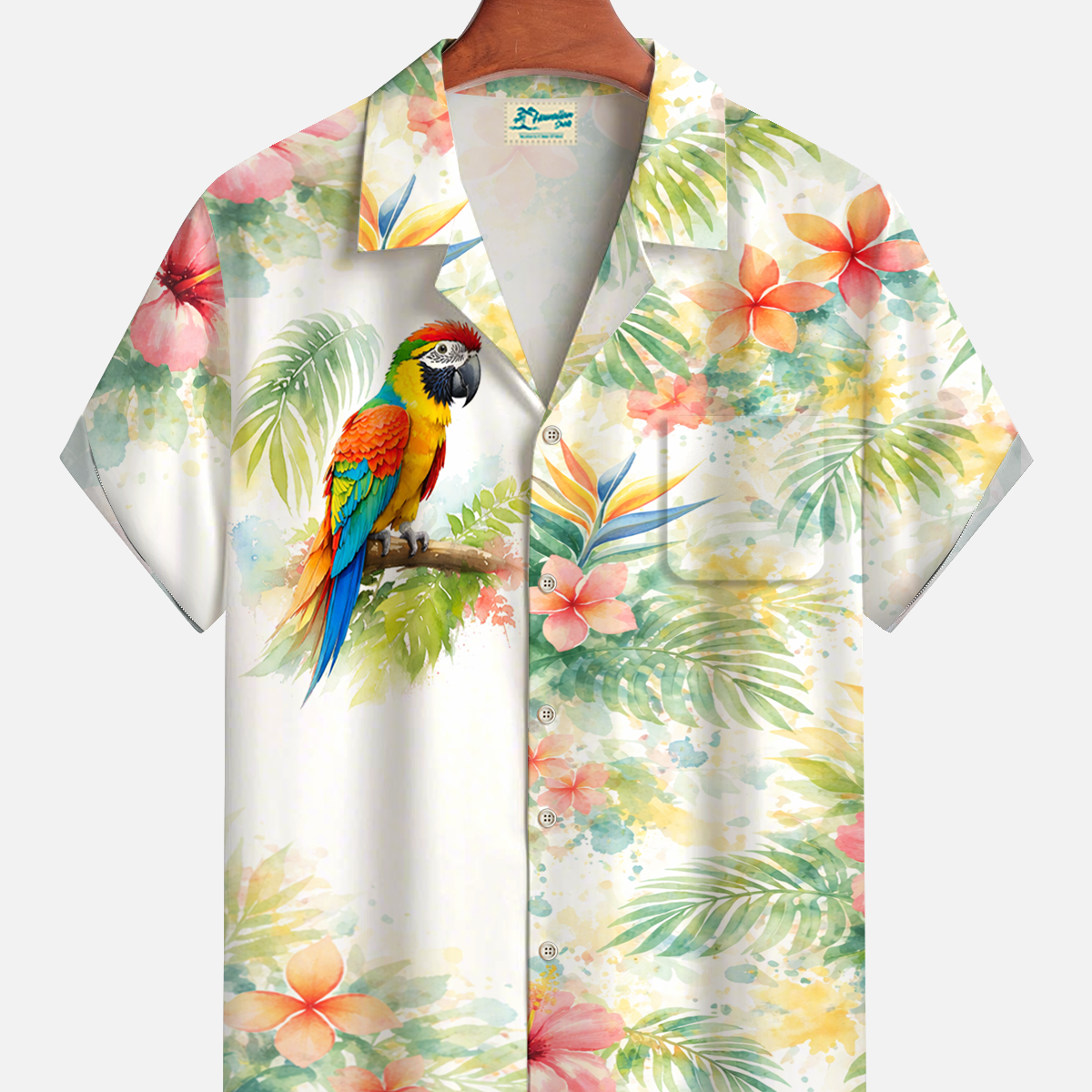 Alohadaddy® Men's Tropic Watercolor Gradient Art Hibiscus Parrot Palm Tree Forgiving Fit Camp Collar Print Retro Short-Sleeve Shirt Big & Tall