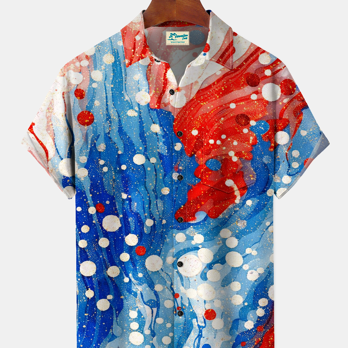 Alohadaddy® Men's Holiday Abstract Art Red Blue Flag Distorted Gradient Gold Foil Print Retro Short-Sleeve Shirt Big & Tall