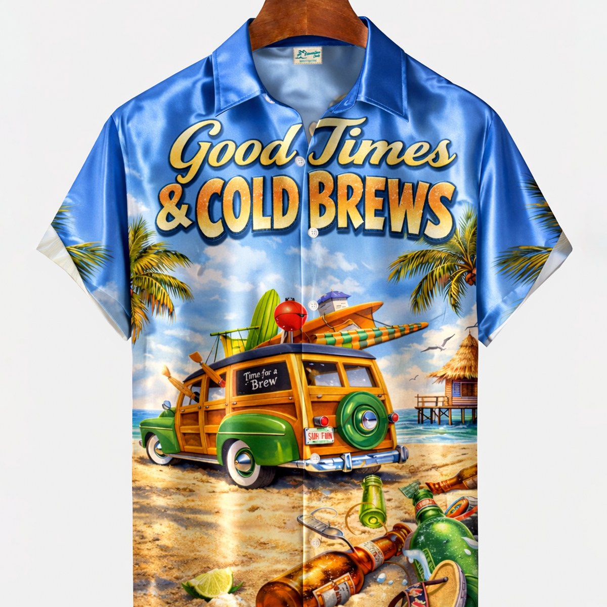 Alohadaddy® Men's Tropic 50S Nostalgia Good Time Cold Brews Palm Tree Summer Beach Station Wagon Gradient Art Print Retro Short Sleeve Shirt Big & Tall