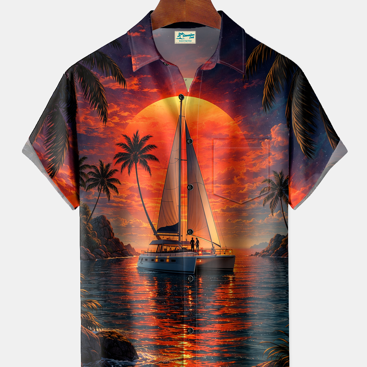Alohadaddy® Men's Tropic Gradient Art Sailing Boat Sunset Palm Tree Print Retro Short-Sleeve Shirt Big & Tall