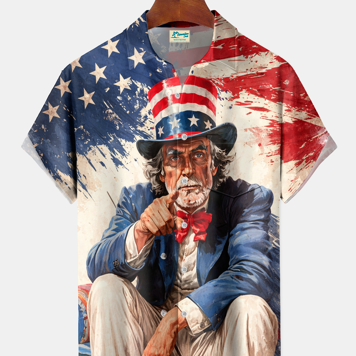 Alohadaddy® Men's Holiday USA Flag Stripes I Want You Artistic Brushstroke Print Retro Short-Sleeve Shirt Big & Tall