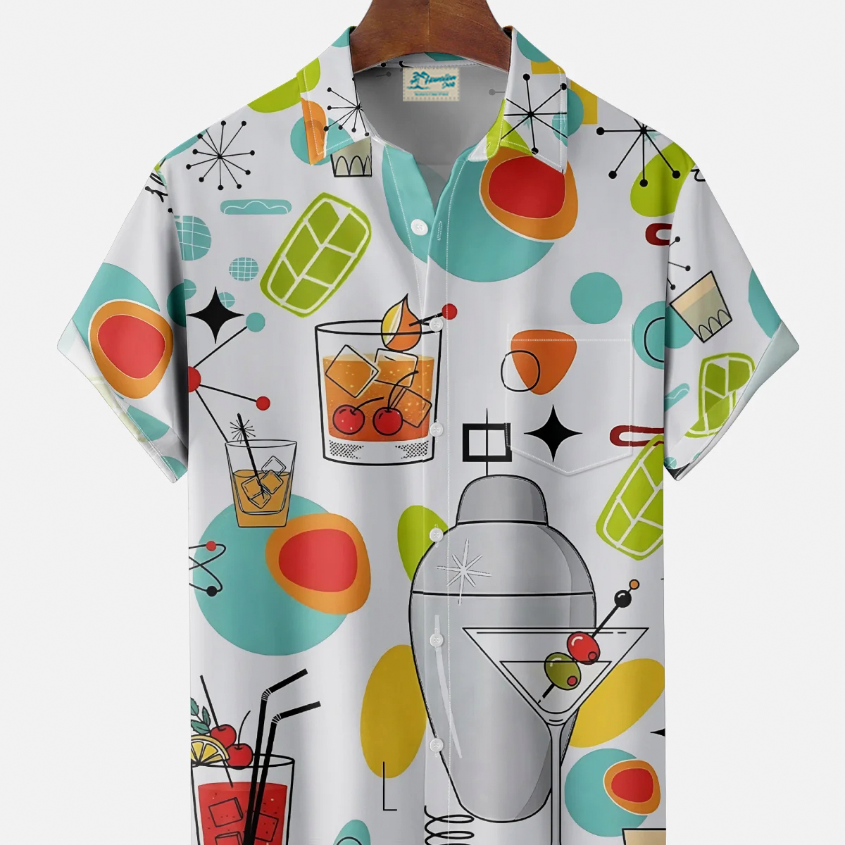 Alohadaddy® Men's Vintage Medieval Geometric Atoms Cocktail Print Retro Short-Sleeve Shirt Big & Tall