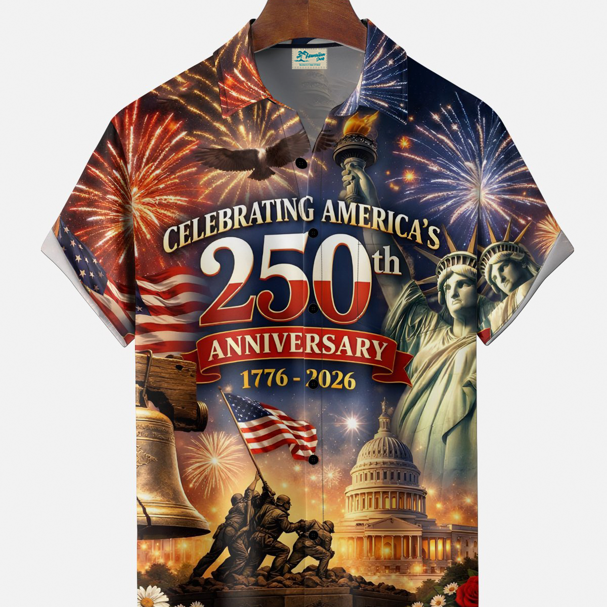 Alohadaddy® Men's Holiday 250th Anniversary Fireworks Patriotic Celebration Retro Print Shirt Button Down Short-Sleeve Big & Tall