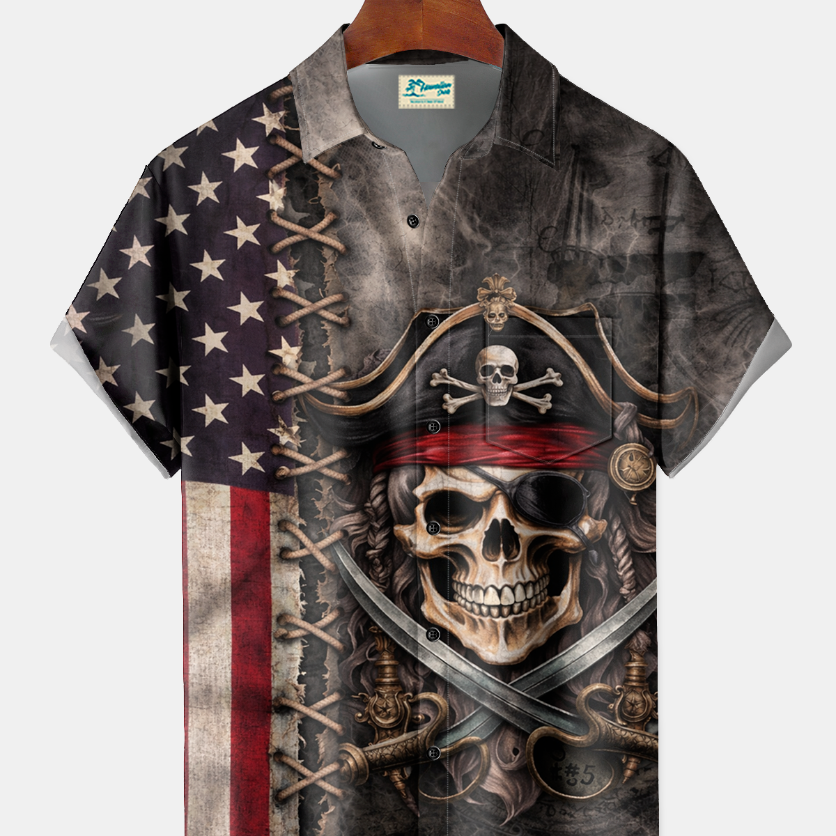 Alohadaddy® Men's Vintage Patriotic Pirate Skull Retro Print American Flag Shirt Button Down Short-Sleeve Big & Tall