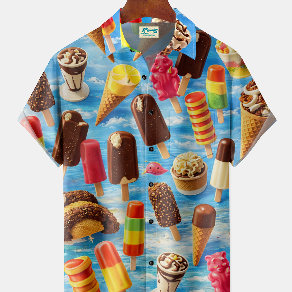 Alohadaddy® Men's Vintage Summer Ice Cream Popsicle Retro Print Casual Shirt Button Down Short-Sleeve Big & Tall