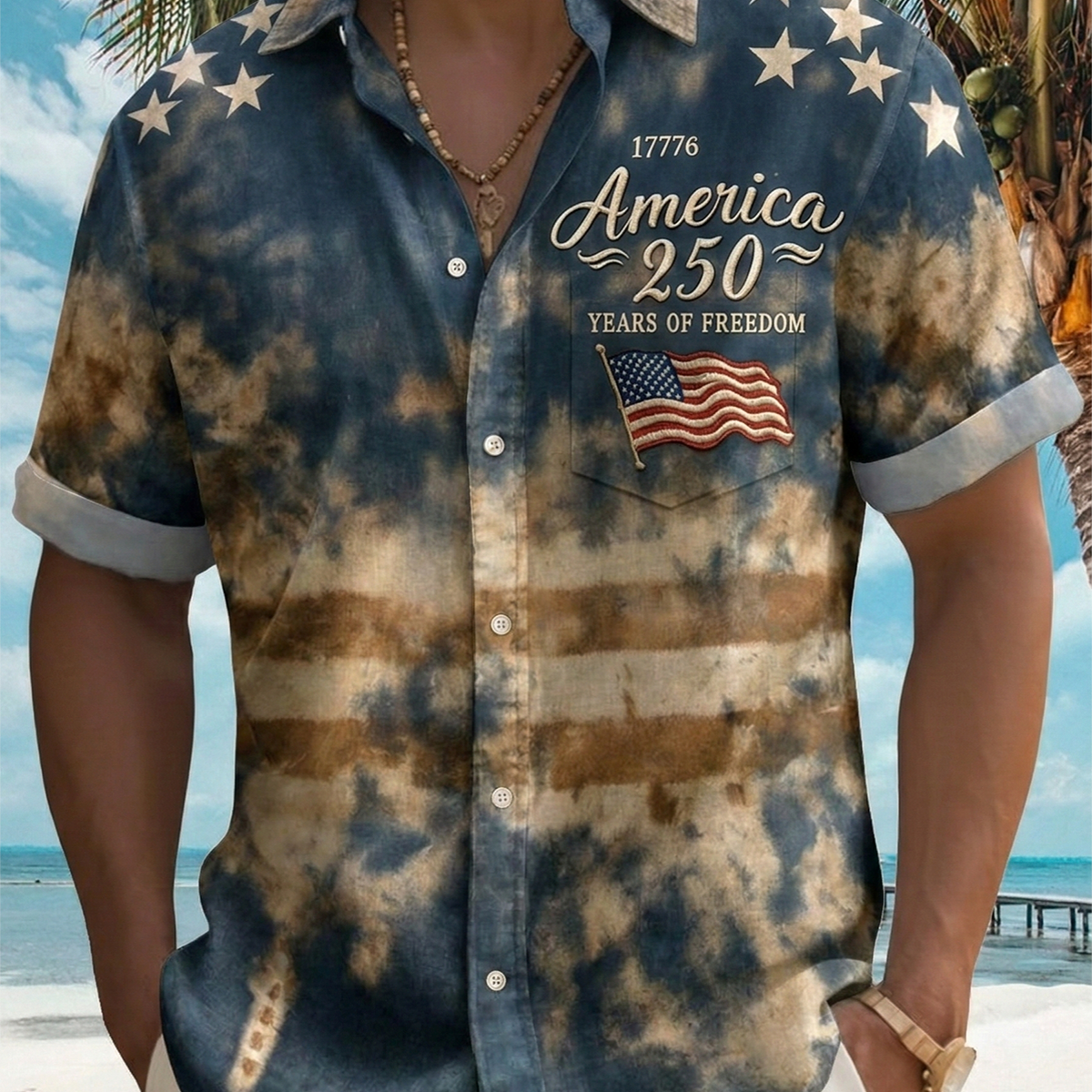 Alohadaddy® Men's Holiday Patriotic America 250 Years of Freedom Tie Dye Stars Retro Print Button Down Short-Sleeve Big & Tall