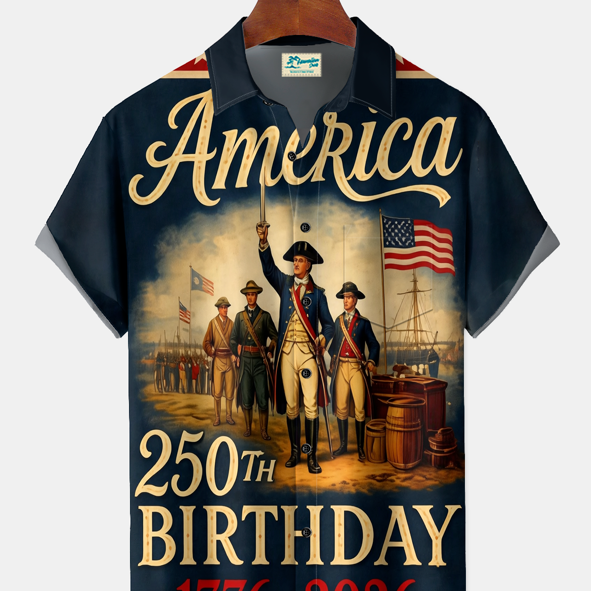 Alohadaddy® Men's Holiday America 250th Birthday 1776-2026 Revolutionary War Print Button Down Short-Sleeve Big & Tall