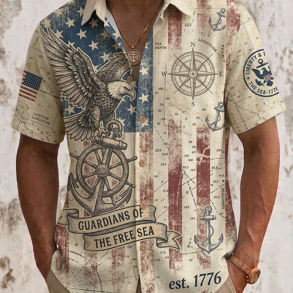 Alohadaddy® Men's Holiday USA 250th Anniversary & Vintage Nautical Graphic Patriotic Eagle Retro Print Button Down Short-Sleeve Big & Tall