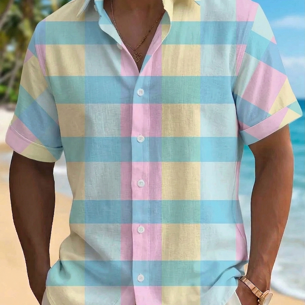 Alohadaddy® Men's Basic Pastel Plaid Check Print Button-Down Pocket Short-Sleeve Shirt Big & Tall
