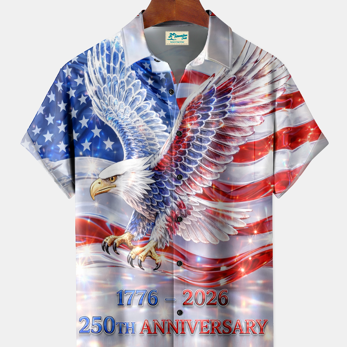 Alohadaddy® Men's Holiday 250th Anniversary Patriotic American Glory Sparkling Eagle Flag Print Button Down Short-Sleeve Big & Tall