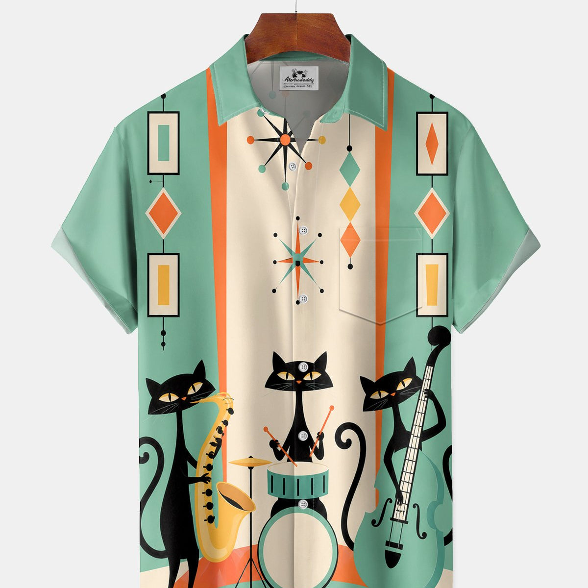 Alohadaddy® Men's Short-Sleeve Button-Down Shirt with Pocket Cat Music Print