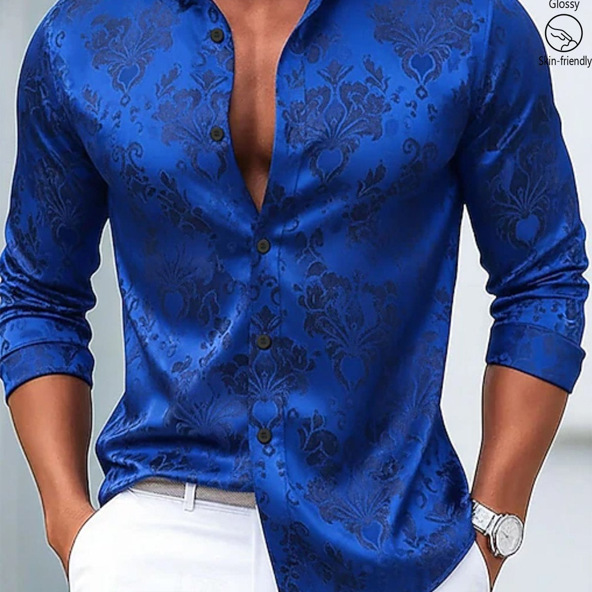 Alohadaddy® Vintage Palace Jacquard Print Elastic Button Men's Long Sleeve Shirt Big & Tall