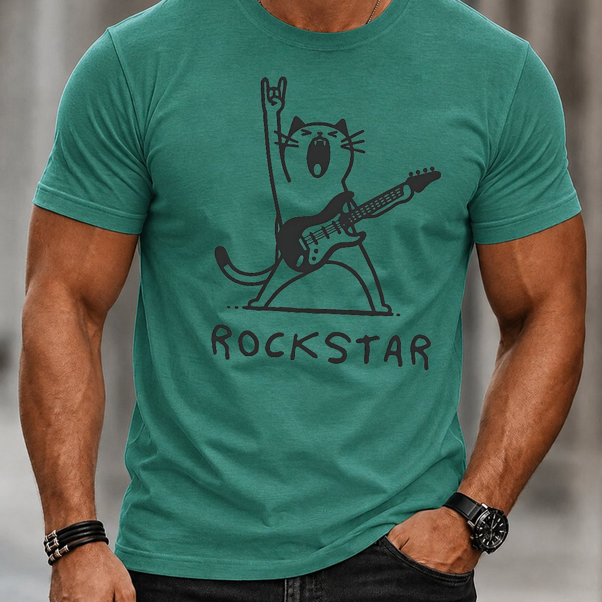 Alohadaddy® Casual Short-Sleeve T-Shirt Guitar-Playing Cat Design