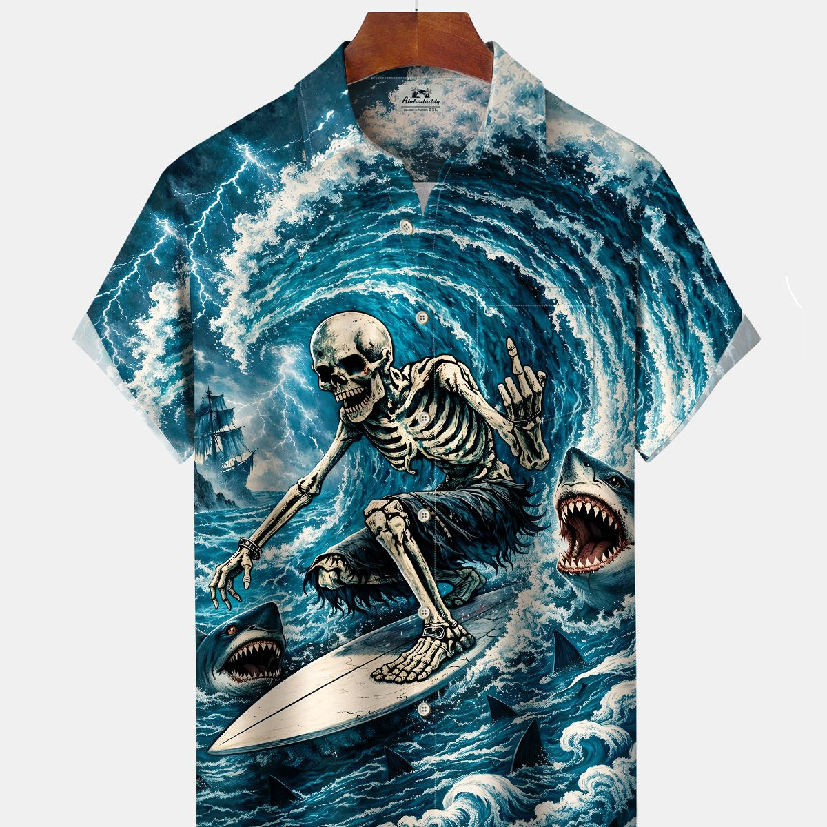 Alohadaddy® Men's Short-Sleeve Button-Down Shirt Skull Surfer Graphic Print with Chest Pocket