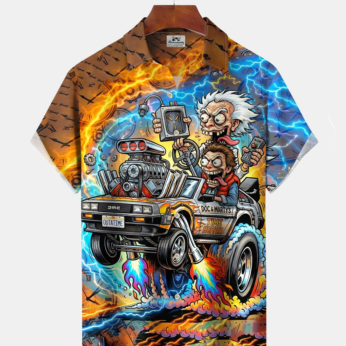 Alohadaddy® Men's Short-Sleeve Button-Down Cardigan Shirt with Vintage Car Print and Pocket