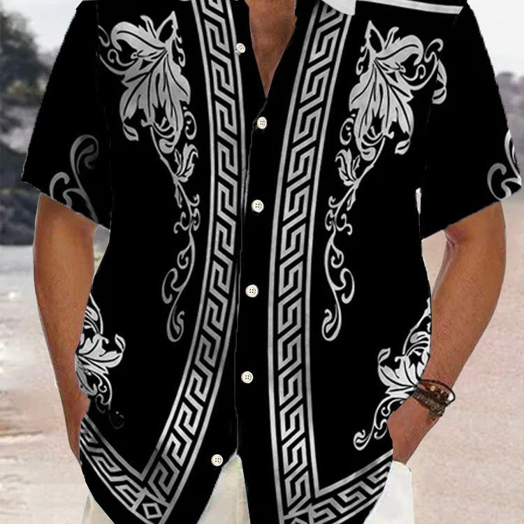 Alohadaddy Retro Geometric Gold Floral Print Men's Button Pocket Short Sleeve Shirt