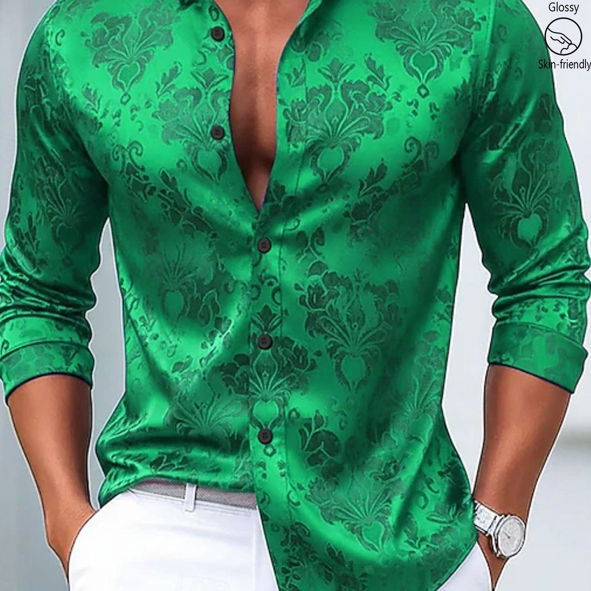 Alohadaddy® Vintage Palace Jacquard Print Elastic Button Men's Long Sleeve Shirt Big & Tall