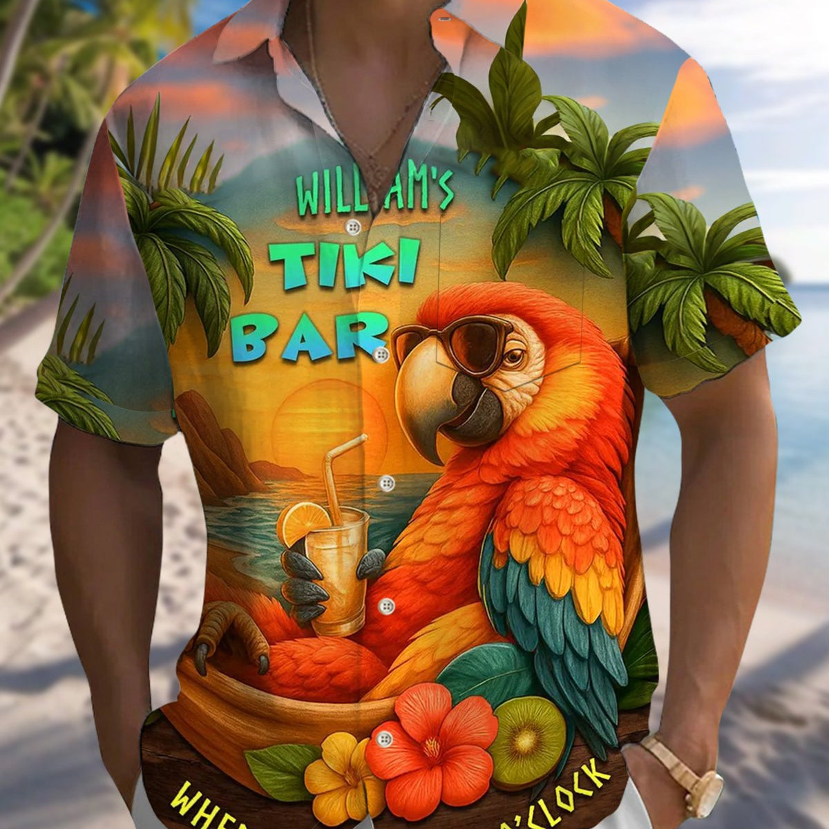 Alohadaddy® Hawaiian Parrot Vacation Print Pocket Stretch Men's Short Sleeve Shirt Big & Tall
