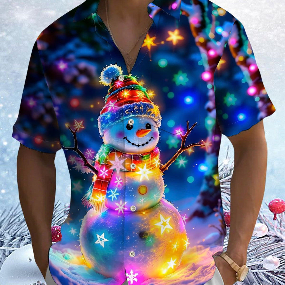 Alohadaddy® Christmas Snowman and Christmas Tree Print Blue Pocket Button Men's Short Sleeve Shirt Big & Tall