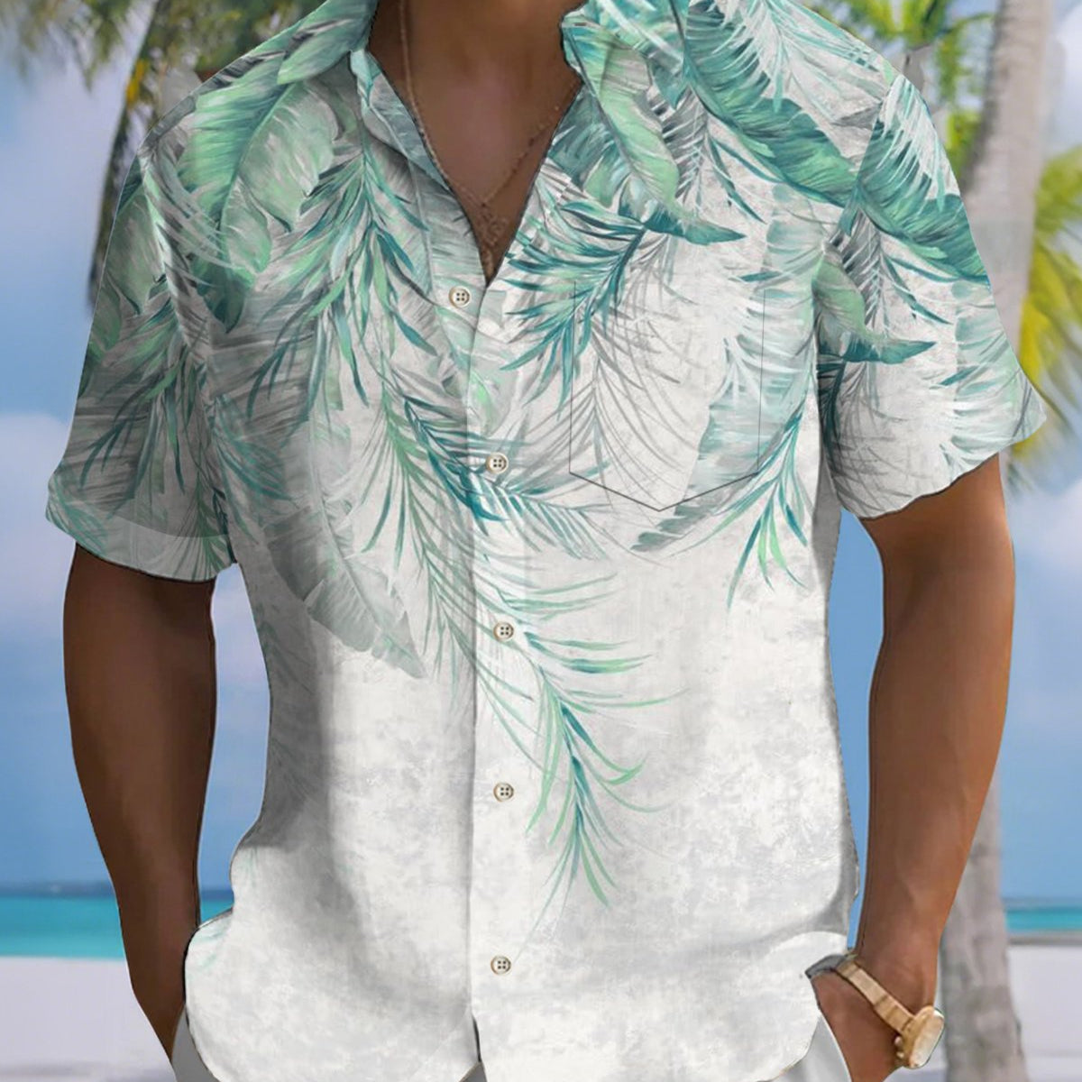 Alohadaddy® Vintage Palm Leaf Ombre Print Men's Short Sleeve Shirt with Elastic Buttons and Pockets Big & Tall