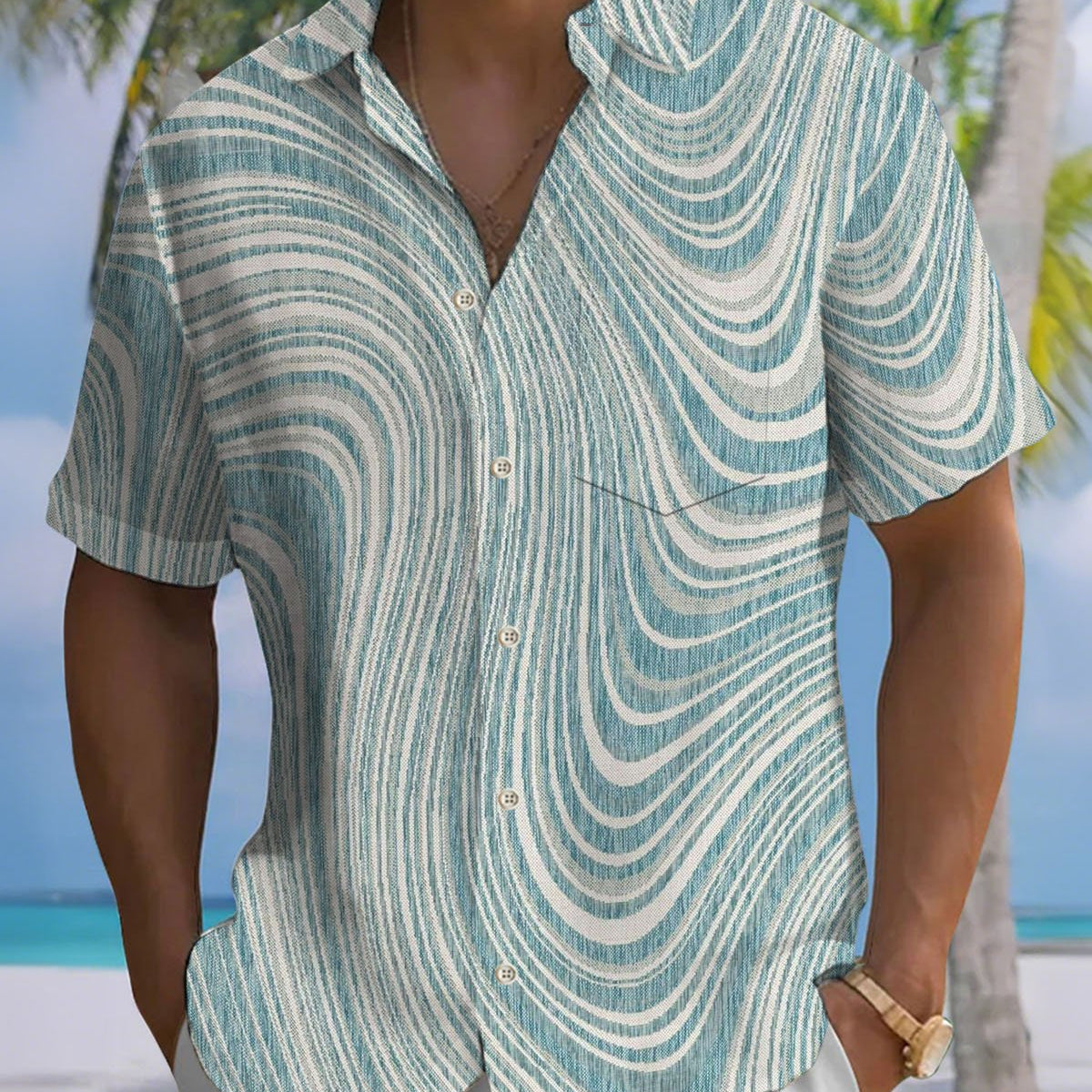 Alohadaddy® Casual Striped Print Art Button-Down Cardigan with Pockets Men's Short-Sleeve Shirt Big & Tall