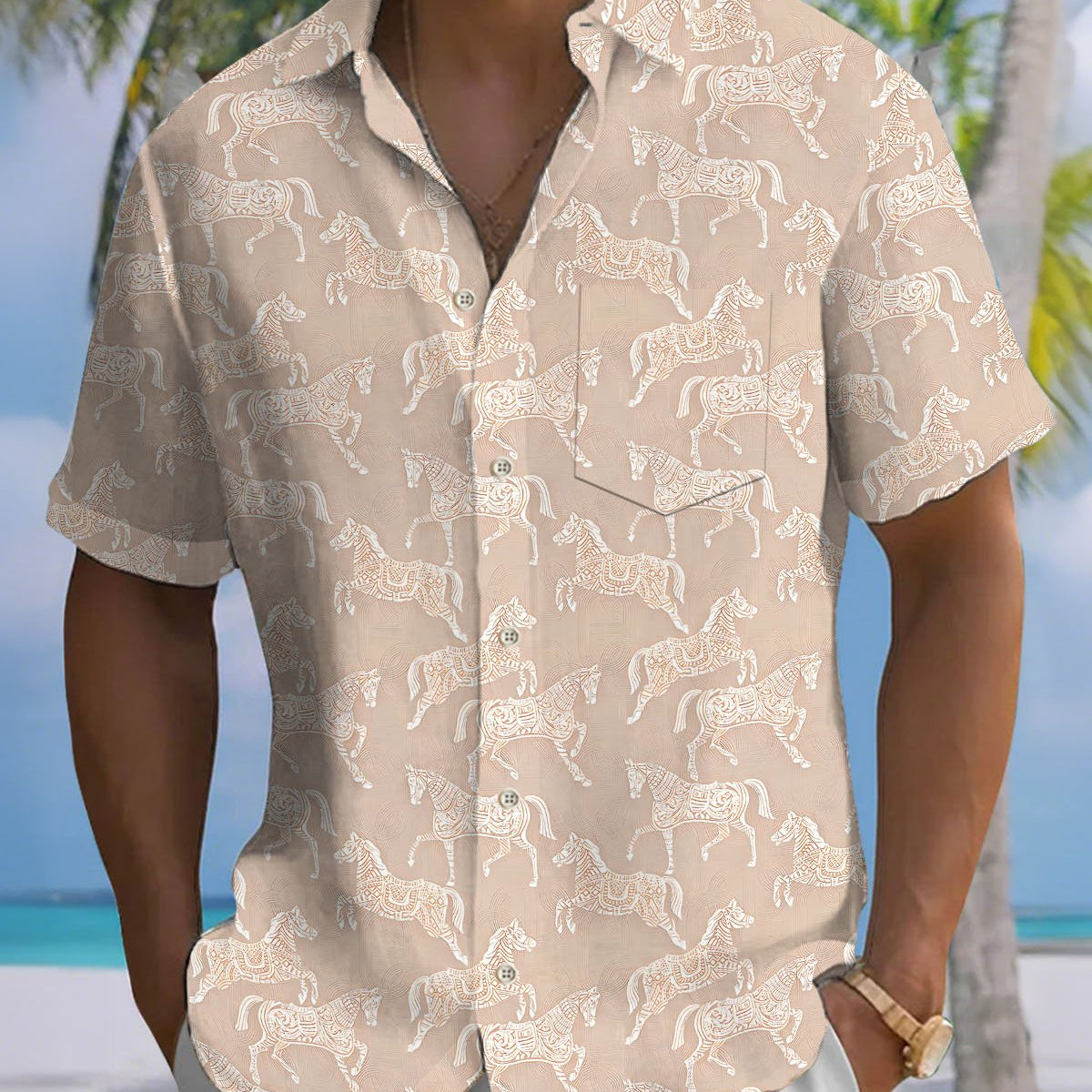 Alohadaddy® Vintage Horse Print Art Button Pocket Cardigan Men's Short Sleeve Shirt Big & Tall