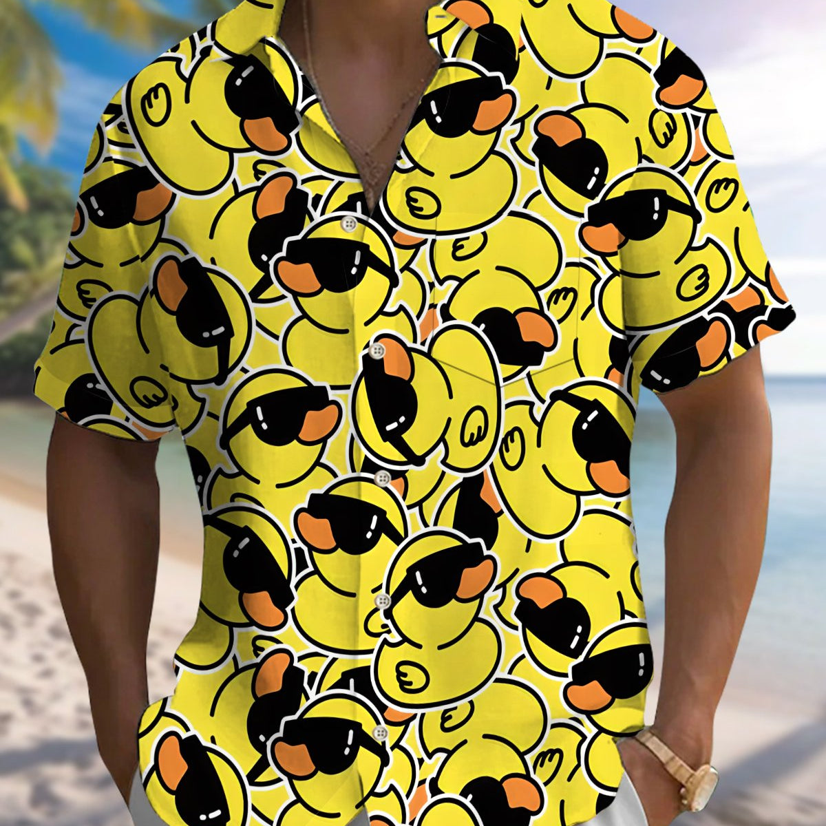 Alohadaddy® Casual Duck Print Art Button Pocket Cardigan Men's Short Sleeve Shirt