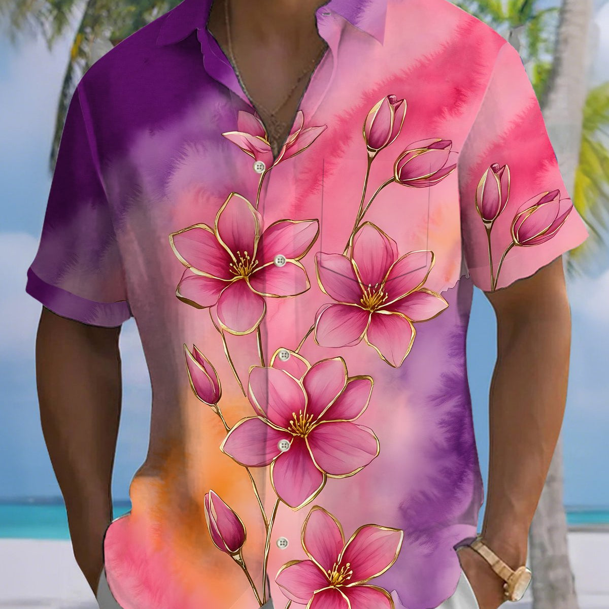 Alohadaddy® Hawaiian Floral Print Art Button Pocket Men's Short-Sleeve Shirt