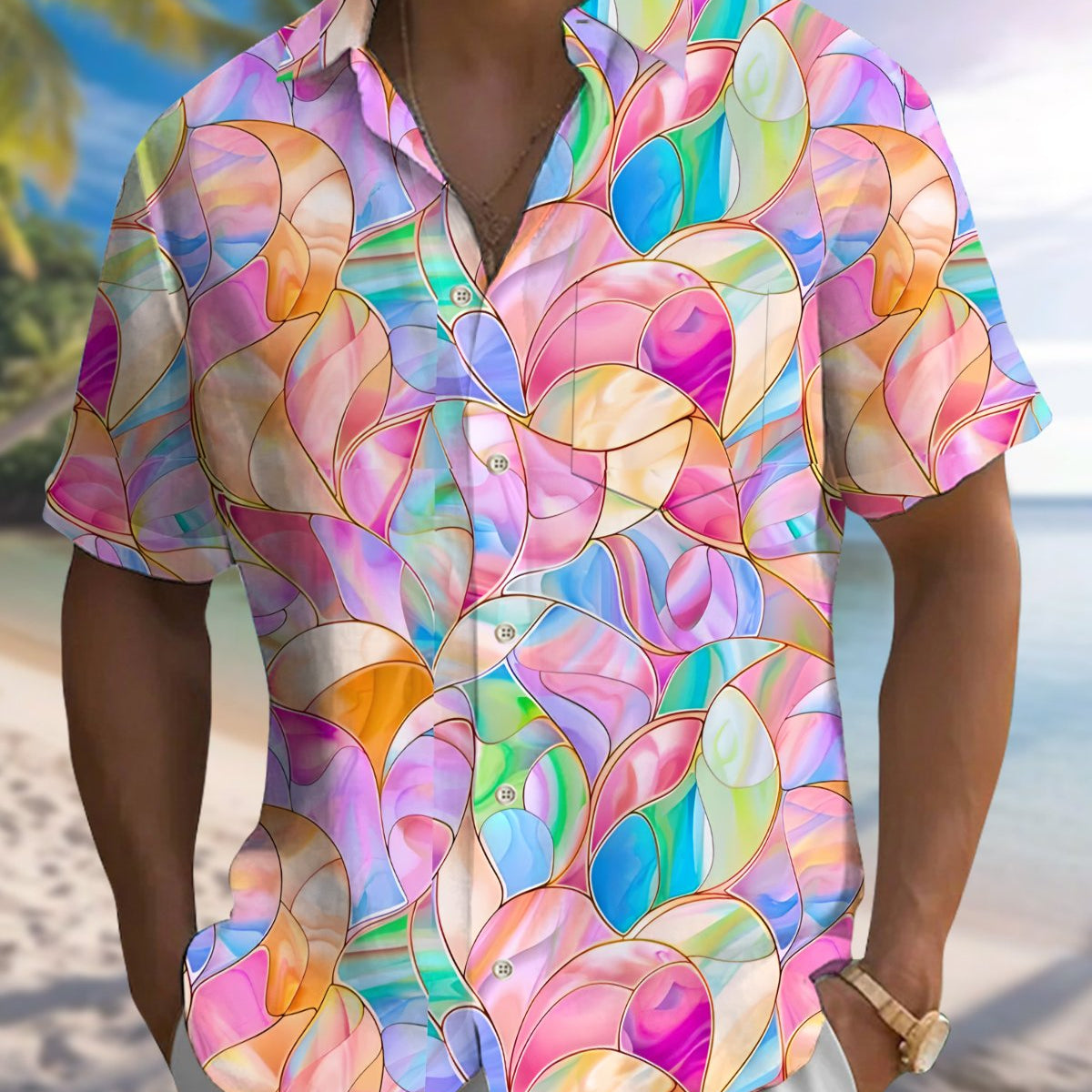Alohadaddy® Hawaiian Colorful Geometric Print Art Button Pocket Cardigan Men's Short Sleeve Shirt