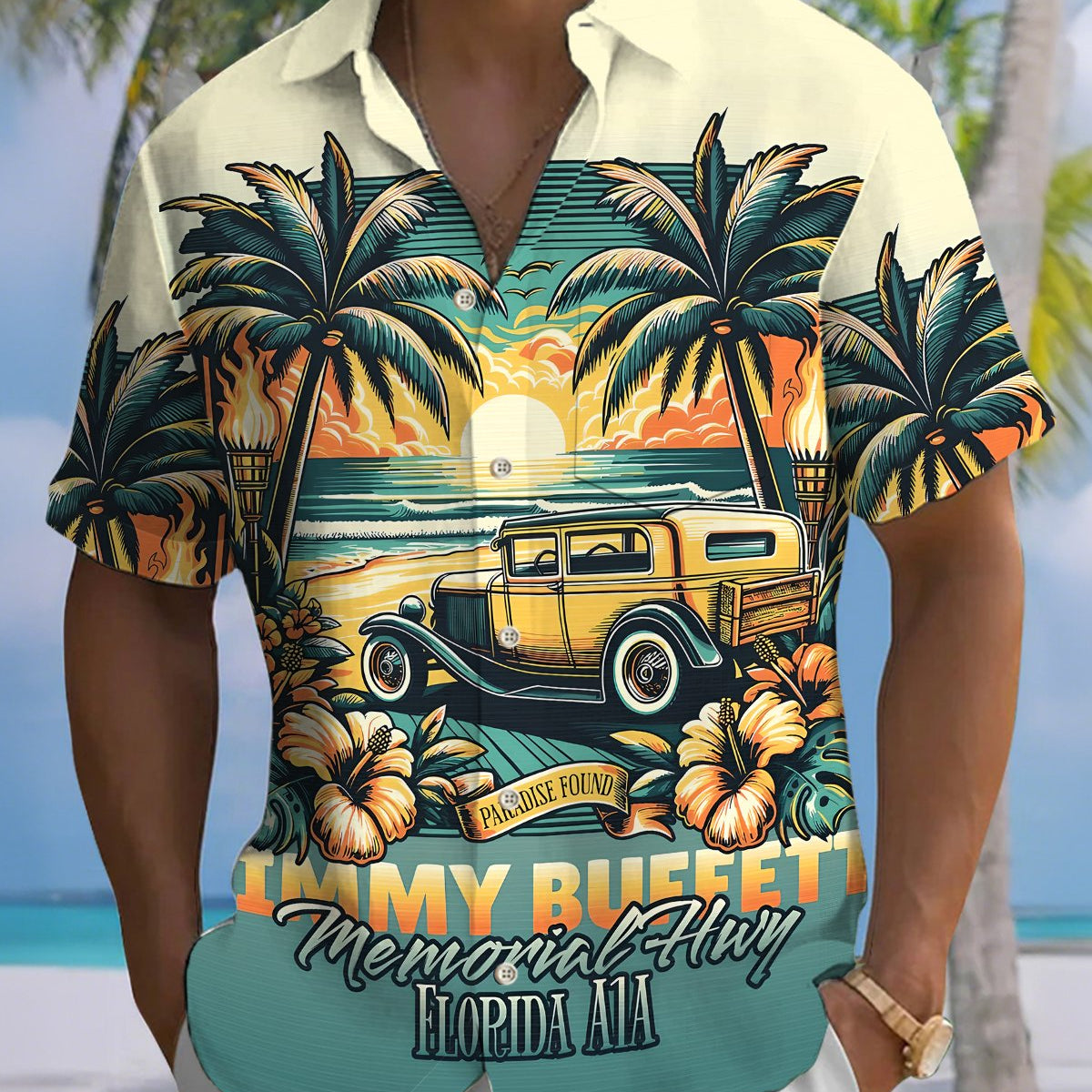 Alohadaddy® Men's Short-Sleeve Button-Down Shirt with Palm Tree Print and Chest Pocket