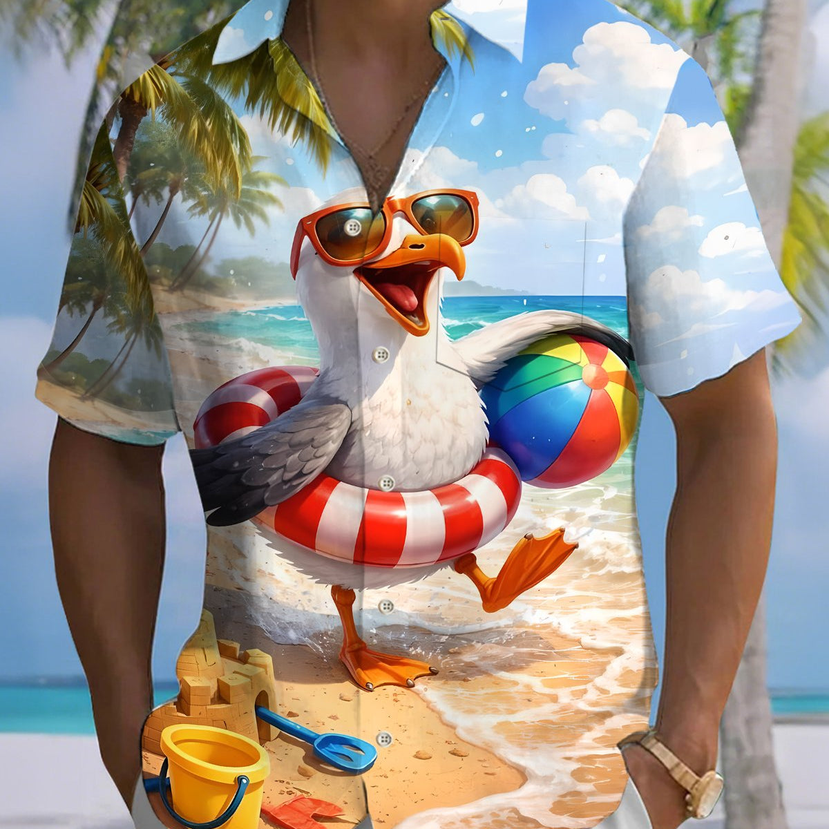 Alohadaddy® Men's Short-Sleeve Button-Down Shirt with Seagull Print, Pocket, and Cardigan-Style Front