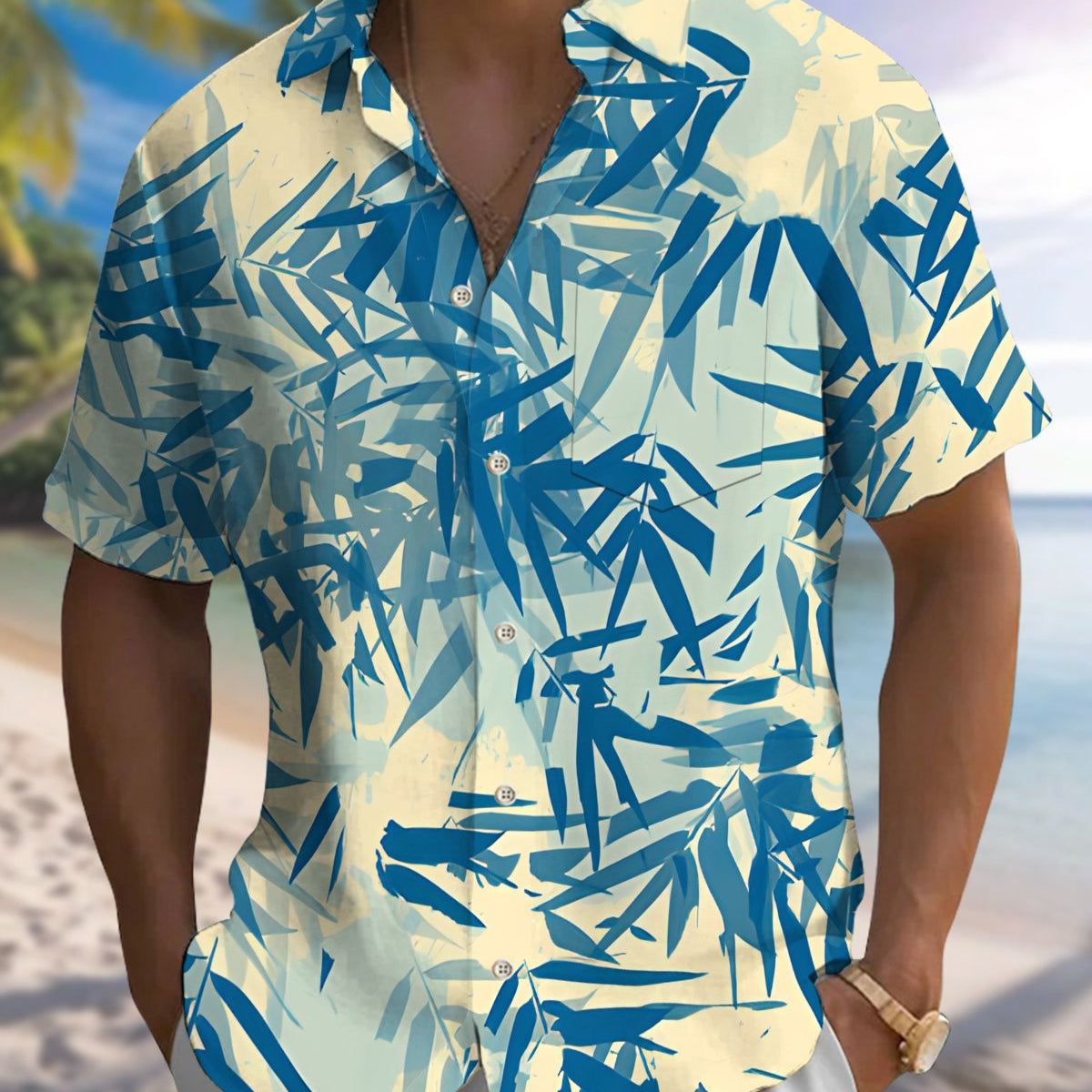 Alohadaddy® Hawaiian Bamboo Print Art Button Pocket Cardigan Men's Short Sleeve Shirt