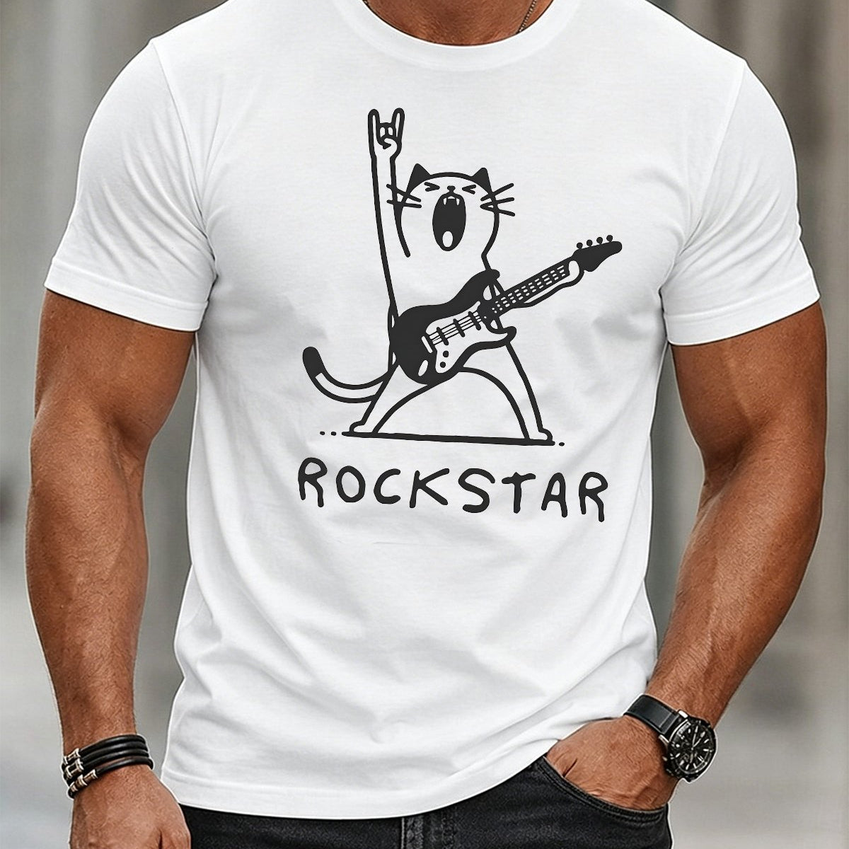 Alohadaddy® Casual Short-Sleeve T-Shirt Guitar-Playing Cat Design