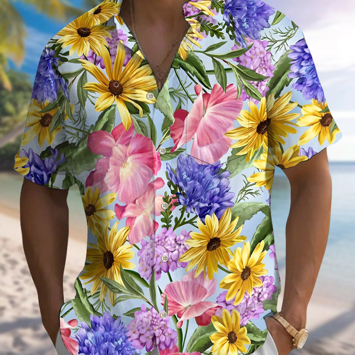 Alohadaddy® Men's Short-Sleeve Button-Down Shirt with Floral Print and Chest Pockethirt