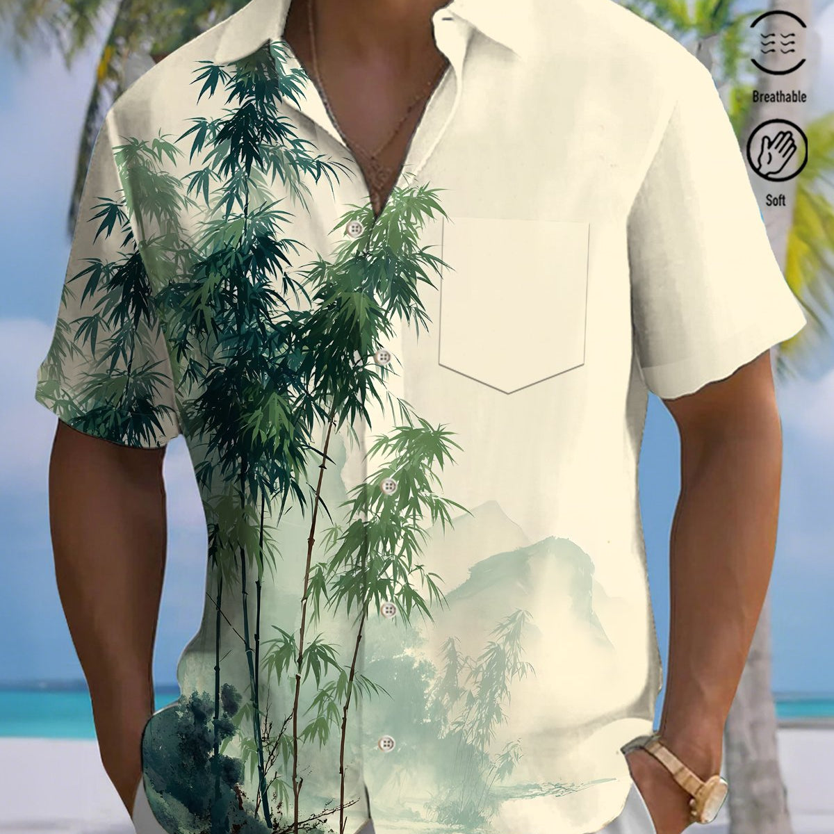Alohadaddy® Men's Short-Sleeve Button-Down Shirt with Bamboo Print and Chest Pocket