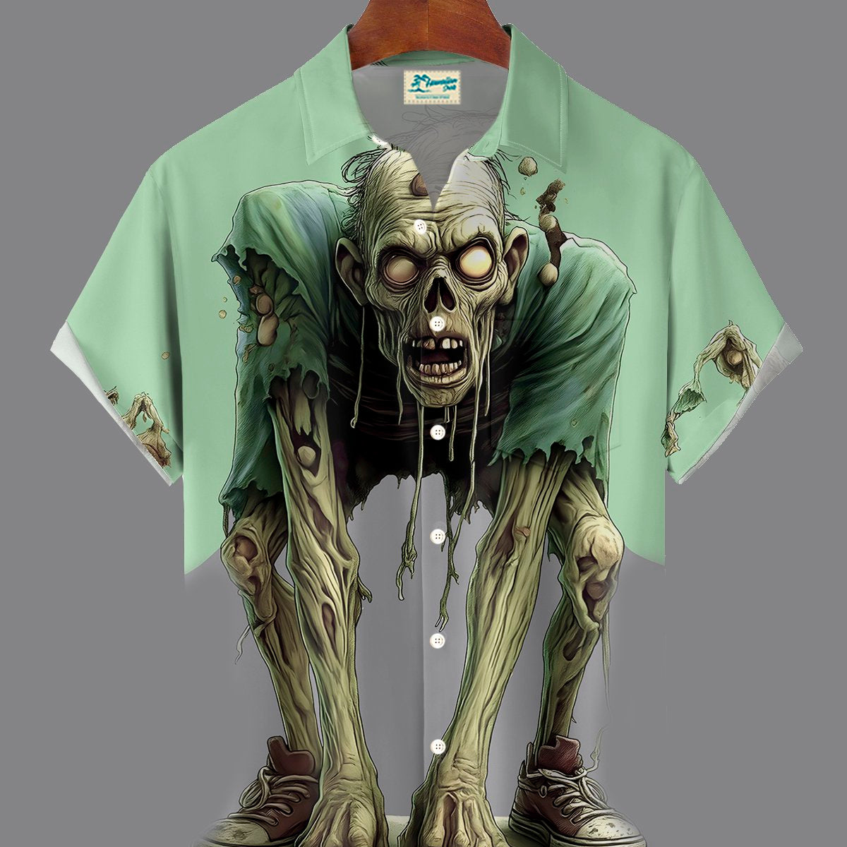 Alohadaddy® Halloween Plants vs. Zombies Dislocation Visual Print Men's Large Size Button Pocket Short Sleeve Shirt Big & Tall